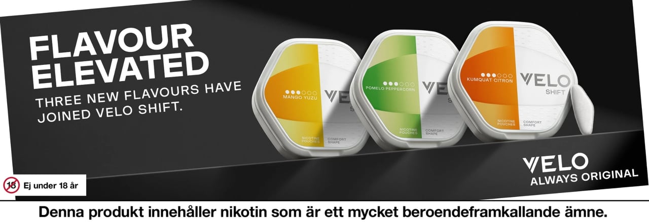 VELO Shift Mango Yuzu, Pomelo Peppercorn och Kumquat Citron – tre nya smaker. Denna produkt innehåller nikotin som är ett mycket beroendeframkallande ämne.